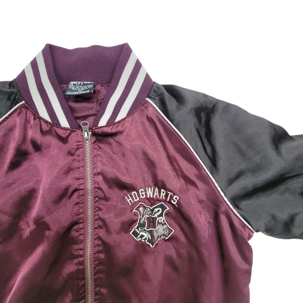 Harry Potter Hogwarts Embroidered Satin Bomber Varsity Jacket Maroon Black M